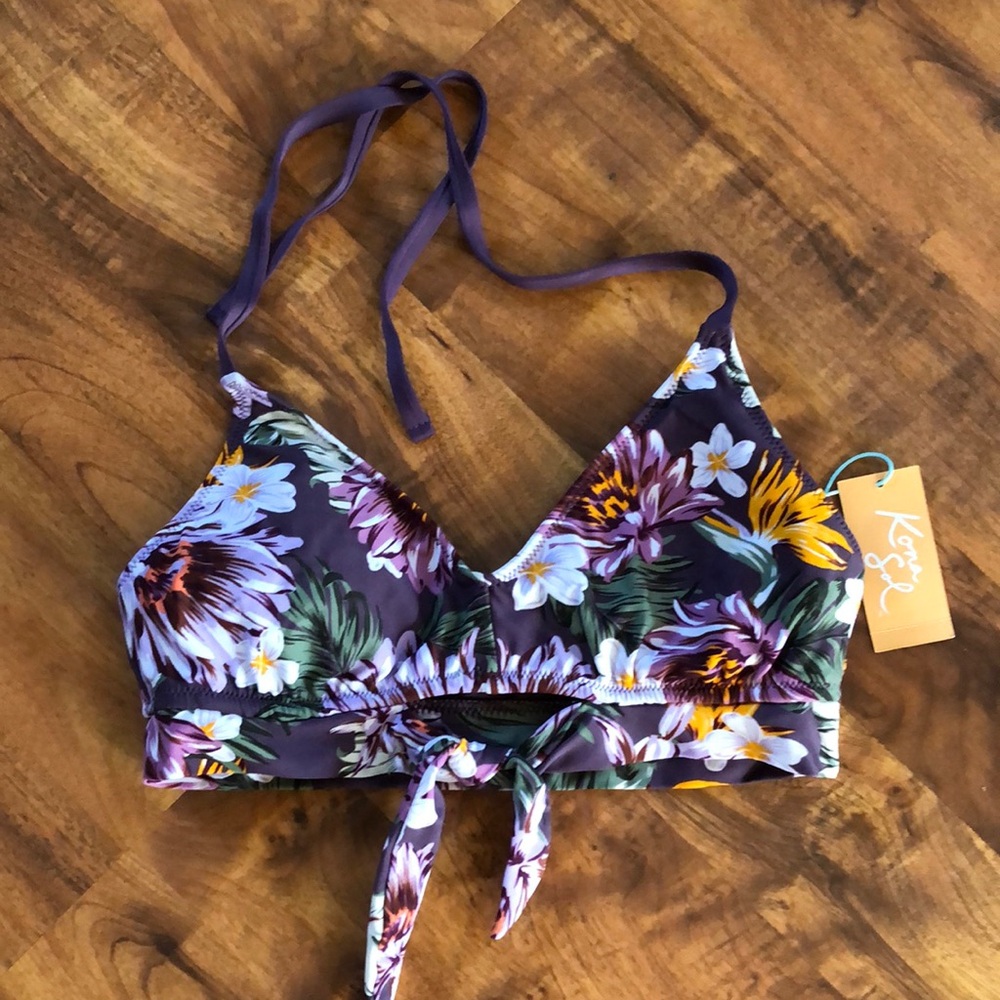 Kona Sol Purple Floral Halter Swim Top with Multi-Colored Blooms. New. medium